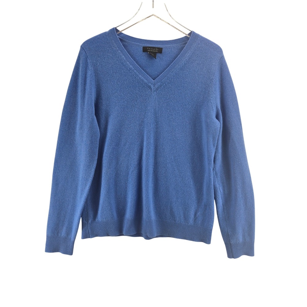 Tahari Womens Blue 100% 2-Ply Cashmere V-Neck Knit Sweater Large RN 75343